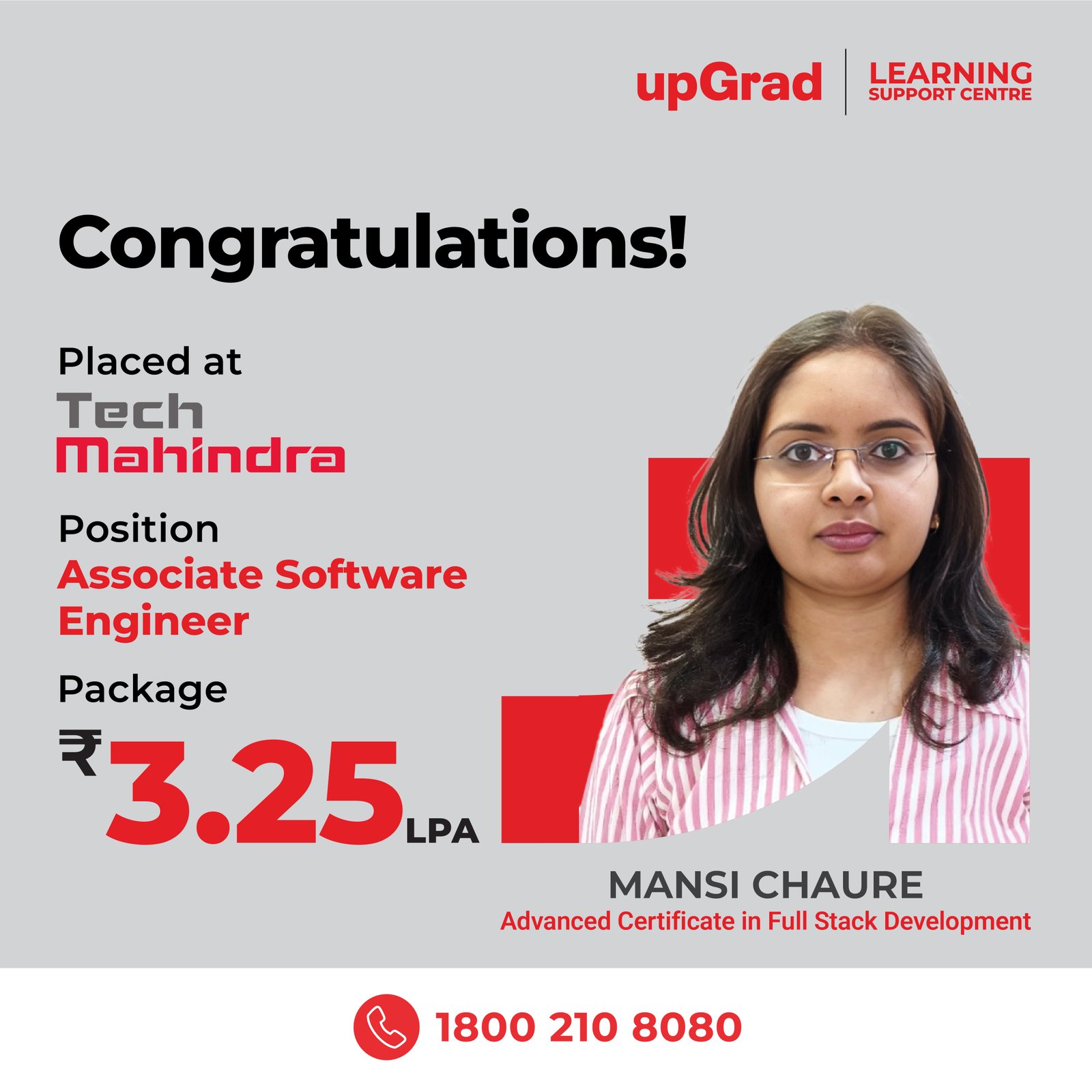 Mansi Chaure placed at Tech Mahindra as an Associate Software Engineer with a package of 3.25 LPA